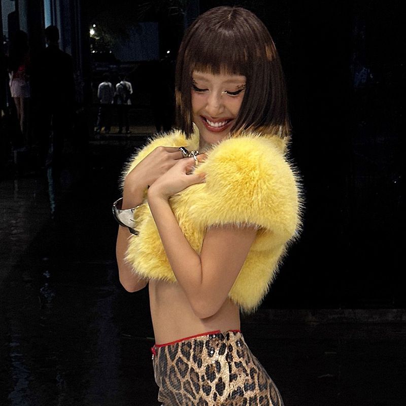 2025 Fur Short Coat Women Crop - Yellow Winter Clothing recensione e prezzo